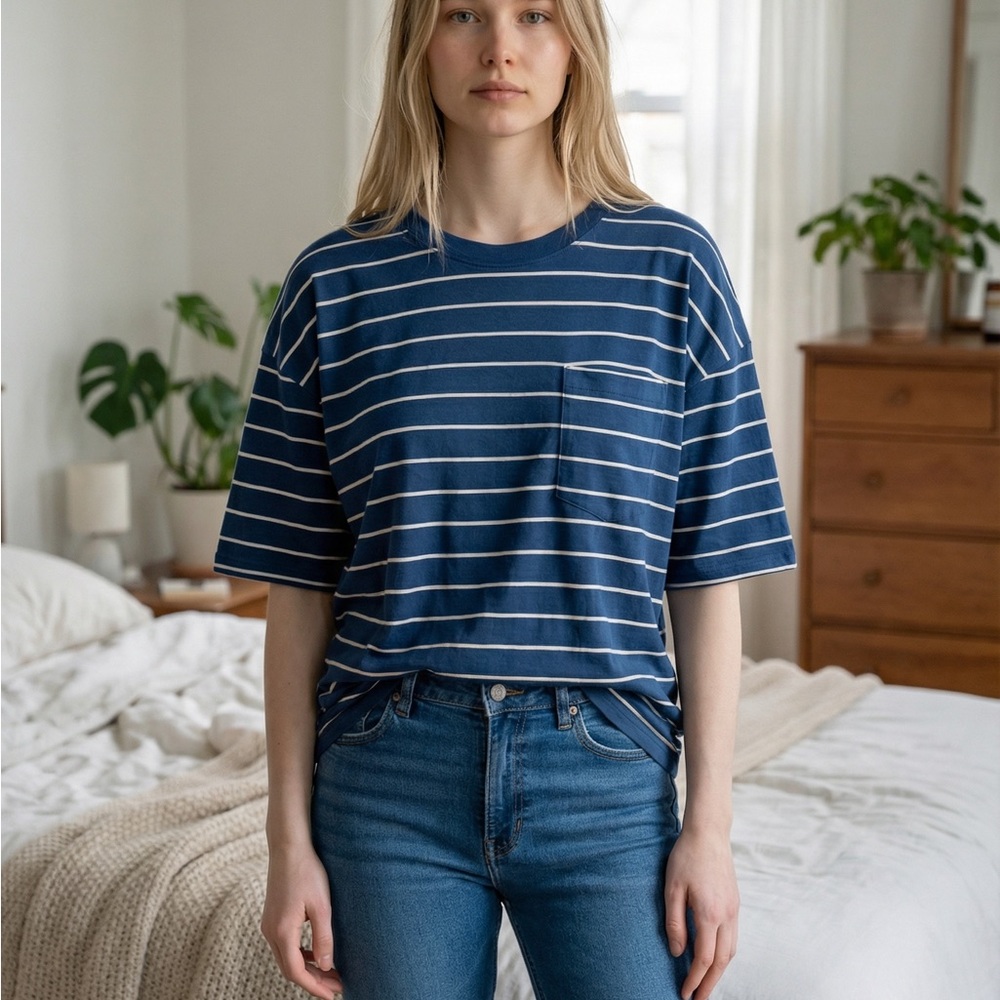 Time and Tru Navy Striped Short Sleeve Tee